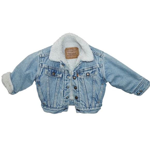 Vintage Levi’s Kids Sherpa Denim Jacket 3T Orange Tab Trucker Jean Coat - Picture 2 of 5